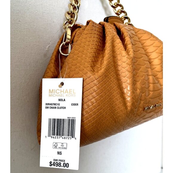 New Michael Kors Nola Small Snake Embossed Crossbody Chain Clutch Cider - Picture 3 of 6